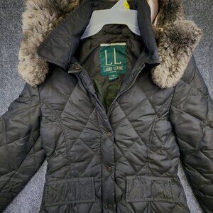 Larry Levine Down Women's XS Green Quilted Long Puffer Jacket Faux Fur Hood Zip